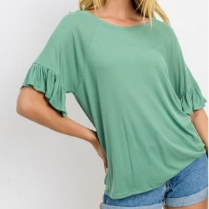Ruffle Short Sleeves Raglan Ribbed Top